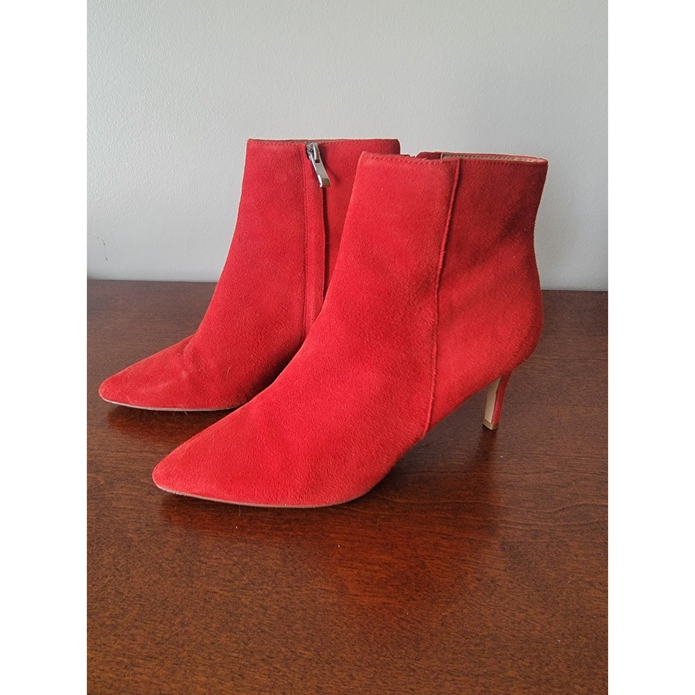 Halogen Women's Red Suede Ankle Boot 7.5M Side Zip Stiletto Pointed Toe Heels